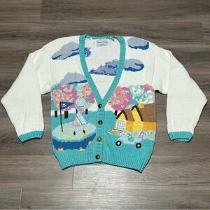 Sharon Young Small Cardigan Golf Green Cart Trees Turf Novelty AOP Oversized VTG